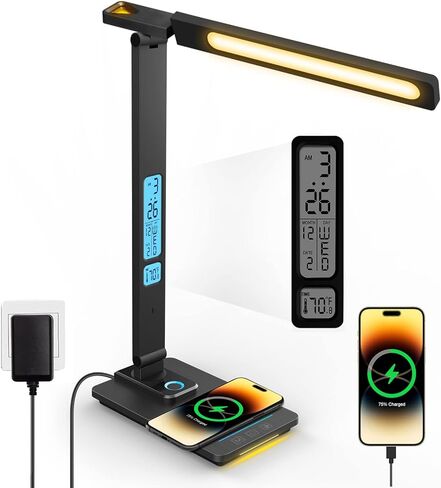 LAOPAO Desk Lamp with Wireless Charger: USB Charging Port, Table Lamp with Clock, Desk Lamps for Home Office College Dorm Room Essentials in Saudi Arabia