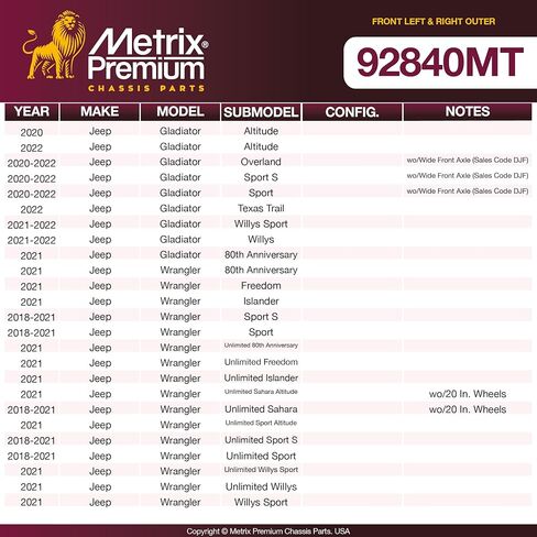 أجزاء الهيكل الفاخرة من Metrix - طقم نهاية قضيب الربط الخارجي الأمامي الأيسر والأيمن يناسب 2020-2022 Jeep Gladiator، 2018-2021 Jeep Wrangler، صنع في أوروبا in Kuwait