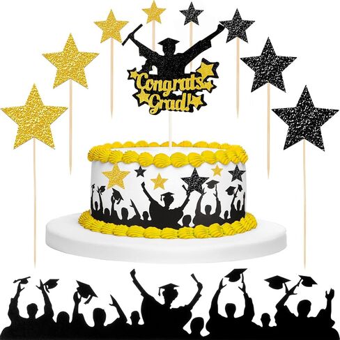 19 Pcs Glitter Graduation Cake Toppers Includes Class of 2026 Congrats Grad Cake Topper Border and DIY Glitter Star Cupcake Toppers for Grad Decorations, Black and Gold in Kuwait