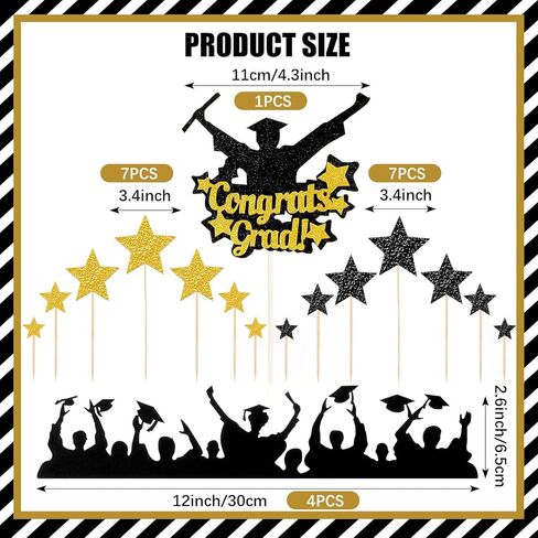 19 Pcs Glitter Graduation Cake Toppers Includes Class of 2026 Congrats Grad Cake Topper Border and DIY Glitter Star Cupcake Toppers for Grad Decorations, Black and Gold in Kuwait