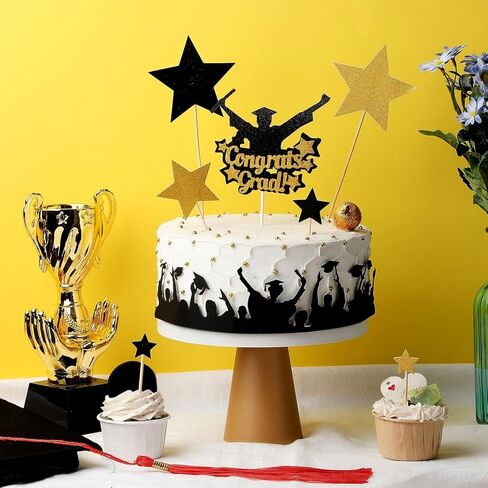 19 Pcs Glitter Graduation Cake Toppers Includes Class of 2026 Congrats Grad Cake Topper Border and DIY Glitter Star Cupcake Toppers for Grad Decorations, Black and Gold in Kuwait