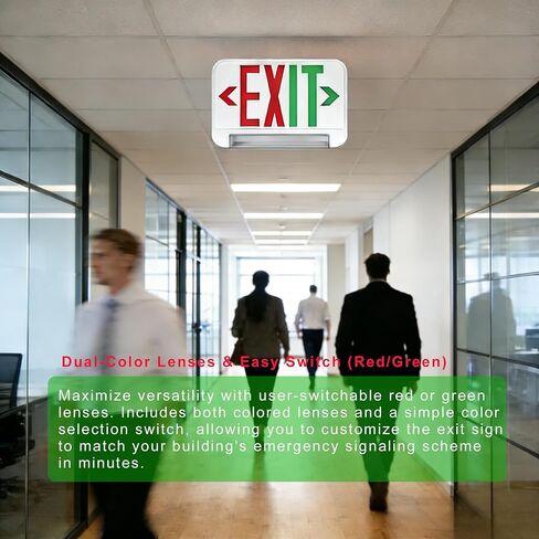 علامة خروج تجارية مدمجة مع مجموعة شريط إضاءة LED للطوارئ قابلة للتعديل 180 درجة، خروج أحمر / أخضر قابل للتبديل، مدرج في قائمة UL، علامة خروج مع بطارية احتياطية، الجهد الكهربائي العالمي 120 فولت - 277 فولت، السقف والجدار والتركيب الجانبي، مقاومة للحريق GN- in Kuwait
