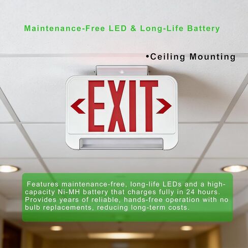 علامة خروج تجارية مدمجة مع مجموعة شريط إضاءة LED للطوارئ قابلة للتعديل 180 درجة، خروج أحمر / أخضر قابل للتبديل، مدرج في قائمة UL، علامة خروج مع بطارية احتياطية، الجهد الكهربائي العالمي 120 فولت - 277 فولت، السقف والجدار والتركيب الجانبي، مقاومة للحريق GN- in Kuwait