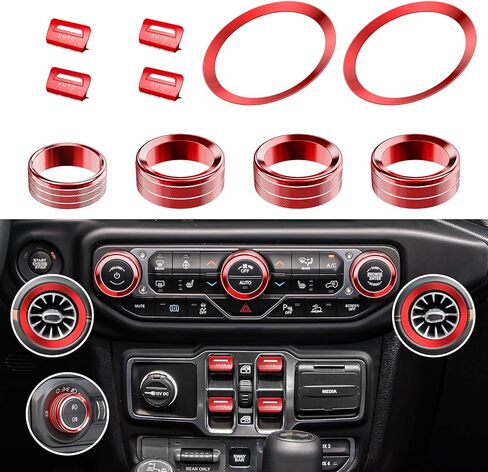 DIAMOOKY 12 قطعة غطاء مقبض زر معدني لسيارة Jeep Wrangler JL JLU 2018-2023 & Gladiator JT Accessories نافذة تبديل غطاء زر حجم راديو المصباح مفتاح مقبض غطاء لوحة القيادة غطاء فتحة التهوية (أحمر) in Kuwait