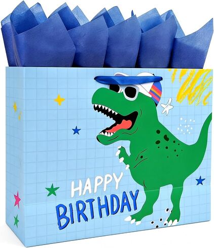 Joliloly 13" Happy Birthday Gift Bag, Dinosaur Print Sturdy Thick Paper Bag for Kids, Reusable Birthday Present Bag with Tissue Paper and Card for Boys Girls, Party Gift Wrapping Supplies in Kuwait