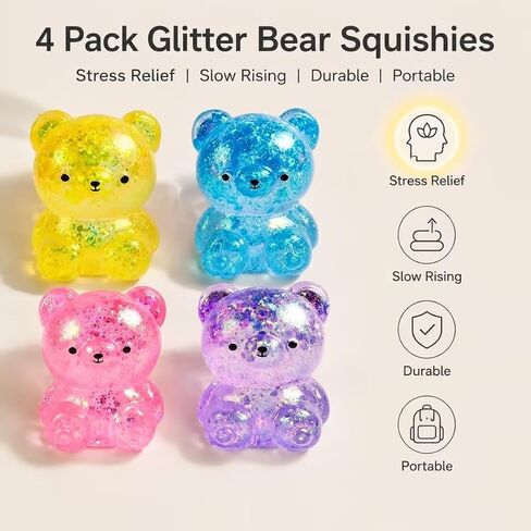 4PCS Glitter Bear Stress Ball, Sugar Bear Squishies, Stress Relief Slow Rise Stress Relief Fidget Toys for Adults--Yellow, Blue, Pink, Purple in Saudi Arabia