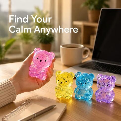 4PCS Glitter Bear Stress Ball, Sugar Bear Squishies, Stress Relief Slow Rise Stress Relief Fidget Toys for Adults--Yellow, Blue, Pink, Purple in Saudi Arabia