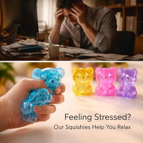 4PCS Glitter Bear Stress Ball, Sugar Bear Squishies, Stress Relief Slow Rise Stress Relief Fidget Toys for Adults--Yellow, Blue, Pink, Purple in Saudi Arabia