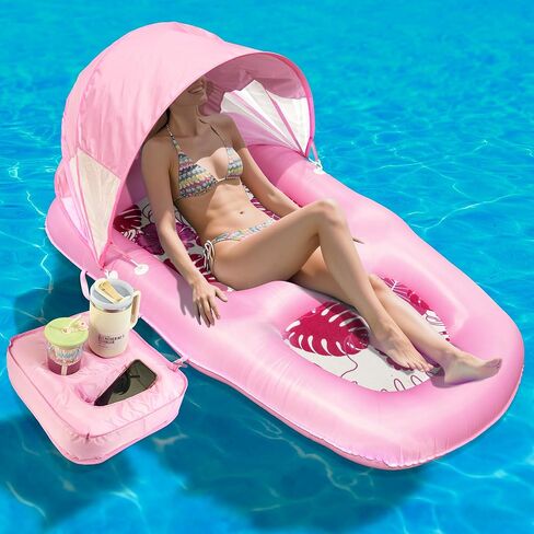 Fabric Covered Inflatable Pool Lounger Float Adult, 70"x39" Extra Large Pool Float w/ UPF50+ Sunshade Canopy & Cupholder Caddy, Water Floaties Raft Recliner Chair for Pool Party Lake Beach in Saudi Arabia
