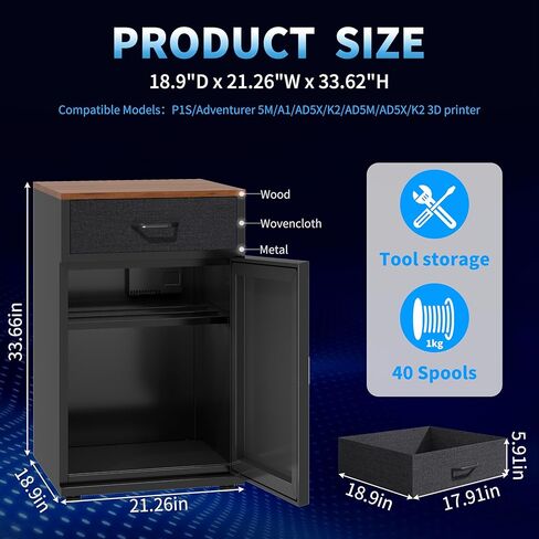 3D Printer Stand with Filament Storage 40 Spools,25% RH Filament Dehumidification Moisture-Proof Cabinet for PLA/ABS/TPU/Nylon,Heavy Duty Metal 3D Printer Table with Drawer(Black) in Saudi Arabia