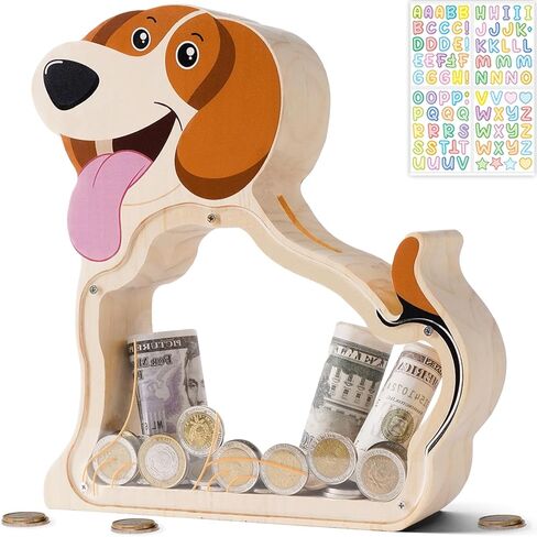 Wooden Dog Piggy Bank for Kids, Unbreakable Beagle Dog Money Bank for Boys, Girls with Stickers, Cash Kids Dog Coin Bank, Home Decor, Doggy Birthday Gifts for Boys, Girls, Educational Toys in Saudi Arabia