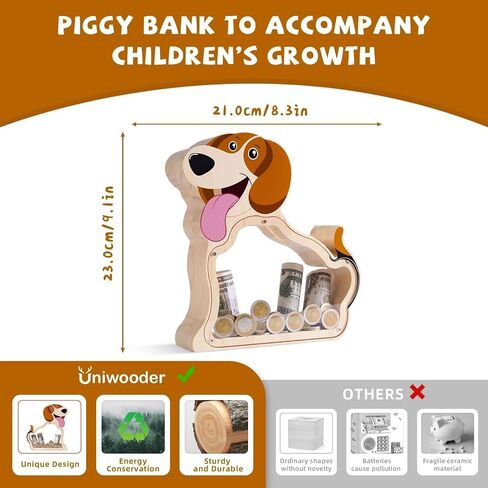 Wooden Dog Piggy Bank for Kids, Unbreakable Beagle Dog Money Bank for Boys, Girls with Stickers, Cash Kids Dog Coin Bank, Home Decor, Doggy Birthday Gifts for Boys, Girls, Educational Toys in Saudi Arabia