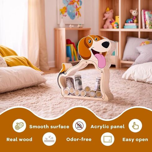 Wooden Dog Piggy Bank for Kids, Unbreakable Beagle Dog Money Bank for Boys, Girls with Stickers, Cash Kids Dog Coin Bank, Home Decor, Doggy Birthday Gifts for Boys, Girls, Educational Toys in Saudi Arabia