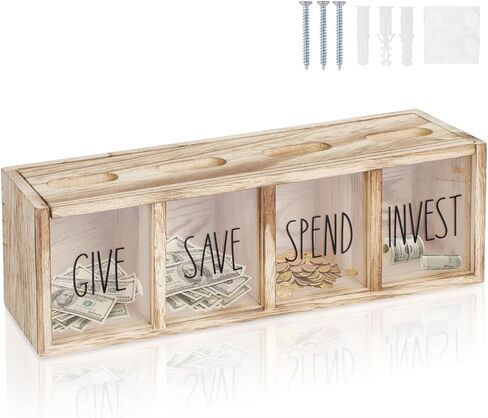 Wooden Piggy Bank for Kids, Spend Save Give and Invest Money Saving Box Visualized Coin and Cash Savings Box for Childrens Boys Girls Adults(Countertop & Wall-Mount, Light Brown) in Saudi Arabia