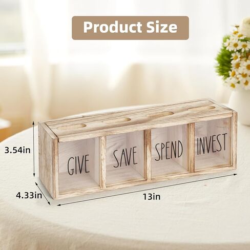 Wooden Piggy Bank for Kids, Spend Save Give and Invest Money Saving Box Visualized Coin and Cash Savings Box for Childrens Boys Girls Adults(Countertop & Wall-Mount, Light Brown) in Saudi Arabia