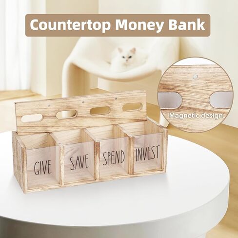Wooden Piggy Bank for Kids, Spend Save Give and Invest Money Saving Box Visualized Coin and Cash Savings Box for Childrens Boys Girls Adults(Countertop & Wall-Mount, Light Brown) in Saudi Arabia