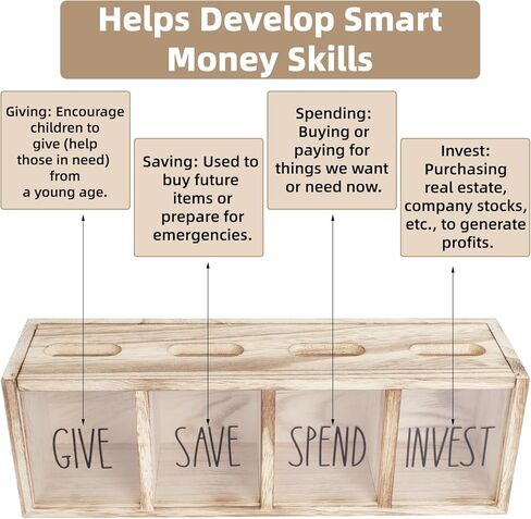 Wooden Piggy Bank for Kids, Spend Save Give and Invest Money Saving Box Visualized Coin and Cash Savings Box for Childrens Boys Girls Adults(Countertop & Wall-Mount, Light Brown) in Saudi Arabia