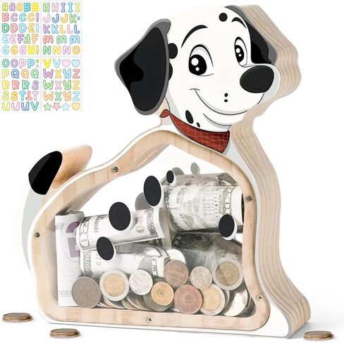 Wooden Dog Piggy Bank for Kids, Unbreakable Beagle Dog Money Bank for Boys, Girls with Stickers, Cash Kids Dog Coin Bank, Home Decor, Doggy Birthday Gifts for Boys, Girls, Educational Toys in Saudi Arabia