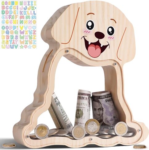 Wooden Dog Piggy Bank for Kids, Unbreakable Beagle Dog Money Bank for Boys, Girls with Stickers, Cash Kids Dog Coin Bank, Home Decor, Doggy Birthday Gifts for Boys, Girls, Educational Toys in Saudi Arabia