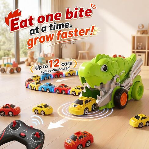 ألعاب سيارات ديناصور للتحكم عن بعد للأولاد الذين تتراوح أعمارهم بين 3 و12 عامًا، شاحنة دينو مع وظيفة تناول الطعام المغناطيسية و12 سيارة صغيرة قابلة للربط تتحول إلى سلسلة ثعبان، عيد ميلاد رائع للأطفال من 4 إلى 8 و8 إلى 12 عامًا in Kuwait