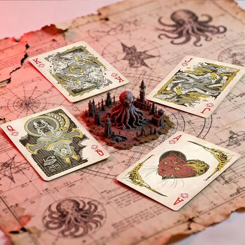 أوراق اللعب، بطاقات البوكر ذات الطراز القديم، بطاقة لعب سلسلة Cthulhu Myth، تصميم بنمط مضاد للانزلاق على الوجهين، مناسبة للتجميع والهدايا، الهالوين، عيد الشكر، (أحمر) in Kuwait