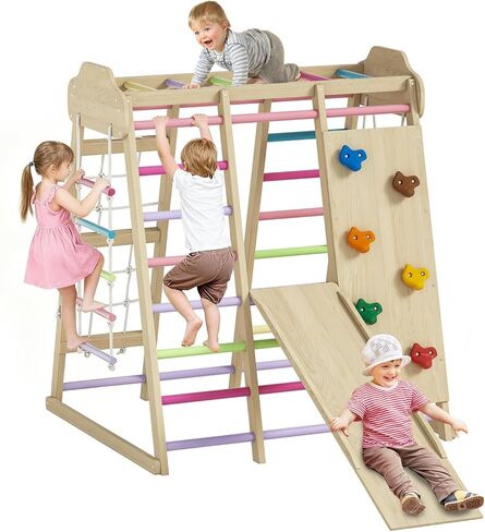 Foldable Indoor Jungle Gym for Toddlers, 8-in-1 Montessori Indoor Toddler Climbing Playset, Space-Saving Toddler Indoor Playground with Slide/Climbing, Play Table/Net, Monkey Bars, Swing,Hanging Ring in Saudi Arabia