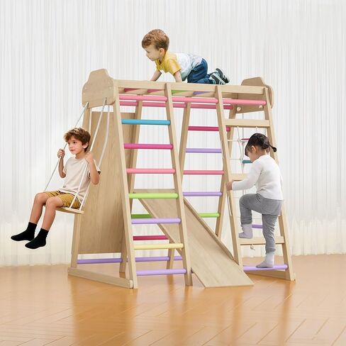 Foldable Indoor Jungle Gym for Toddlers, 8-in-1 Montessori Indoor Toddler Climbing Playset, Space-Saving Toddler Indoor Playground with Slide/Climbing, Play Table/Net, Monkey Bars, Swing,Hanging Ring in Saudi Arabia