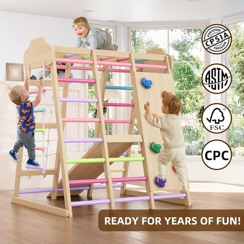 Foldable Indoor Jungle Gym for Toddlers, 8-in-1 Montessori Indoor Toddler Climbing Playset, Space-Saving Toddler Indoor Playground with Slide/Climbing, Play Table/Net, Monkey Bars, Swing,Hanging Ring in Saudi Arabia