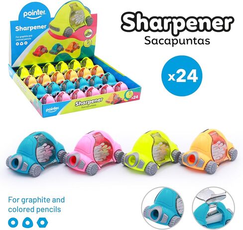 Pointer Car Pencil Sharpeners – Set of 24 Fun Vehicle Design, Assorted Colors – Built-in Shavings Container – Perfect Stocking Stuffers & Christmas Gifts for Kids and Classroom Supplies in Saudi Arabia
