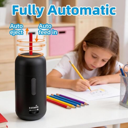 tenwin Rechargeable Electric Pencil Sharpener for 6-8mm Pencils, Fully Automatic Pencil Sharpener with 3 Selectable Adjustable Pencil Nibs, Fit for Colored Pencils, Auto in&Out (Black) in Kuwait