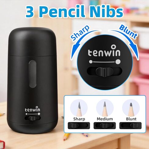 tenwin Rechargeable Electric Pencil Sharpener for 6-8mm Pencils, Fully Automatic Pencil Sharpener with 3 Selectable Adjustable Pencil Nibs, Fit for Colored Pencils, Auto in&Out (Black) in Kuwait
