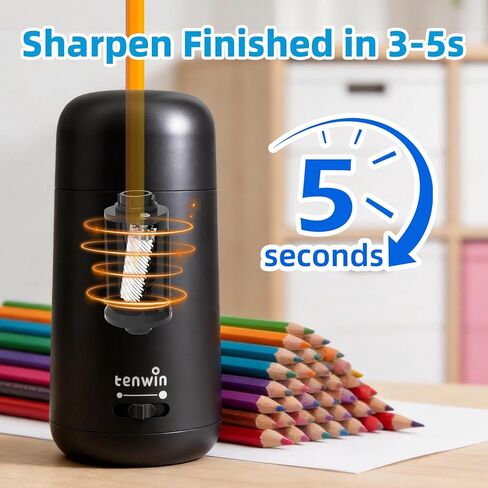 tenwin Rechargeable Electric Pencil Sharpener for 6-8mm Pencils, Fully Automatic Pencil Sharpener with 3 Selectable Adjustable Pencil Nibs, Fit for Colored Pencils, Auto in&Out (Black) in Kuwait