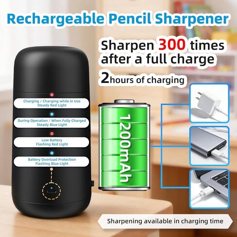 tenwin Rechargeable Electric Pencil Sharpener for 6-8mm Pencils, Fully Automatic Pencil Sharpener with 3 Selectable Adjustable Pencil Nibs, Fit for Colored Pencils, Auto in&Out (Black) in Kuwait