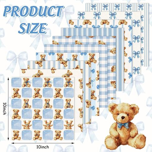Whaline 20Pcs Cute Bear Fabric Squares Cotton Fabric Bundles Small Watercolor Blue Stripe Plaid Bow Bear Sewing Fabrics for DIY Craft Party Decor, 10 x 10 Inch in Kuwait