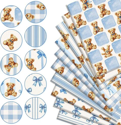 Whaline 20Pcs Cute Bear Fabric Squares Cotton Fabric Bundles Small Watercolor Blue Stripe Plaid Bow Bear Sewing Fabrics for DIY Craft Party Decor, 10 x 10 Inch in Kuwait