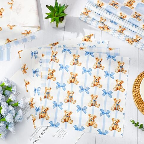 Whaline 20Pcs Cute Bear Fabric Squares Cotton Fabric Bundles Small Watercolor Blue Stripe Plaid Bow Bear Sewing Fabrics for DIY Craft Party Decor, 10 x 10 Inch in Kuwait