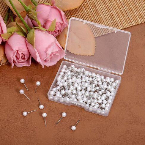 150 PCS Pearl Push Pins, Decorative Pearl Ball Tacks with Plastic Storage Box Round Short Pearls Head Pins Corsage Florists Weddings Sewing Straight Pin for DIY Craft, Photo Wall, Cork Board (White) in Kuwait