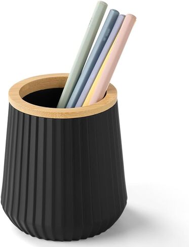 YAUKPH Pen Cup Pencil Holder Desk Organizer Small Plastic Desktop Storage with Striped Bamboo Wood Trim Modern Minimalist Design for Office School Pencils Pens Markers (Matte Black) in Saudi Arabia