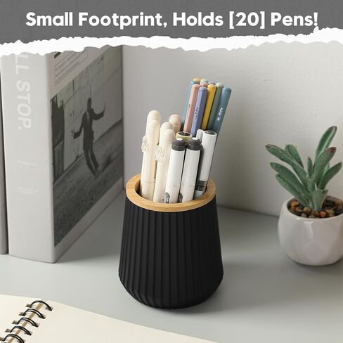 YAUKPH Pen Cup Pencil Holder Desk Organizer Small Plastic Desktop Storage with Striped Bamboo Wood Trim Modern Minimalist Design for Office School Pencils Pens Markers (Matte Black) in Saudi Arabia