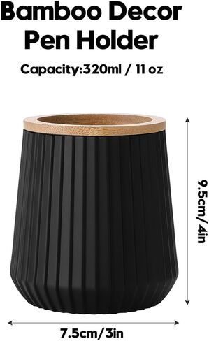YAUKPH Pen Cup Pencil Holder Desk Organizer Small Plastic Desktop Storage with Striped Bamboo Wood Trim Modern Minimalist Design for Office School Pencils Pens Markers (Matte Black) in Saudi Arabia