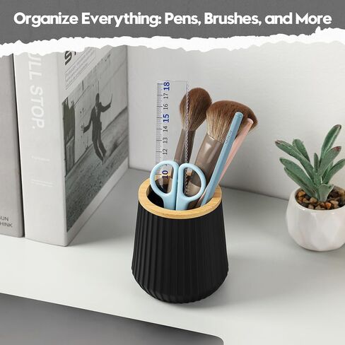 YAUKPH Pen Cup Pencil Holder Desk Organizer Small Plastic Desktop Storage with Striped Bamboo Wood Trim Modern Minimalist Design for Office School Pencils Pens Markers (Matte Black) in Saudi Arabia
