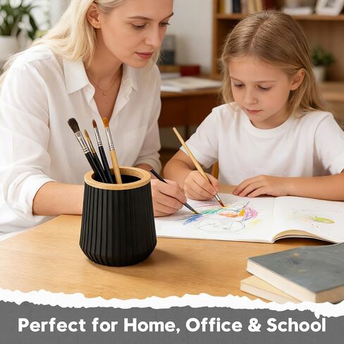 YAUKPH Pen Cup Pencil Holder Desk Organizer Small Plastic Desktop Storage with Striped Bamboo Wood Trim Modern Minimalist Design for Office School Pencils Pens Markers (Matte Black) in Saudi Arabia
