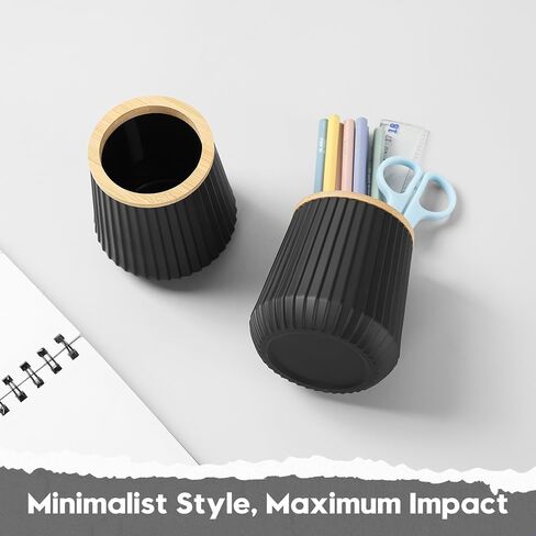 YAUKPH Pen Cup Pencil Holder Desk Organizer Small Plastic Desktop Storage with Striped Bamboo Wood Trim Modern Minimalist Design for Office School Pencils Pens Markers (Matte Black) in Saudi Arabia