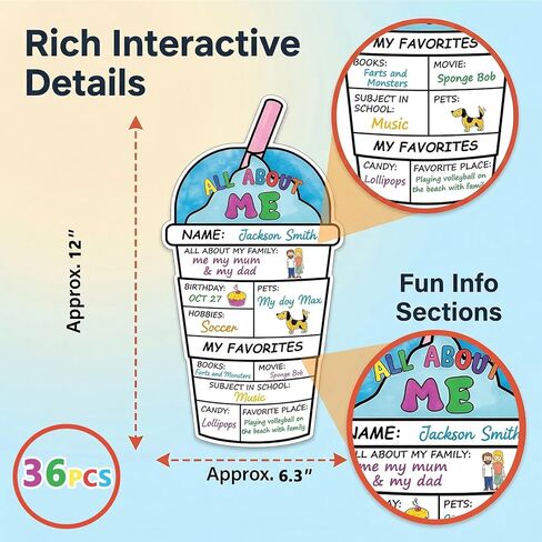All About Me Posters - 36Pcs Water Cup Theme All About Me Star Students Posters Coloring Self-Introduction Poster for Kids Kindergarten Elementary Classroom Decor School Classroom Decor Party Supplies in Saudi Arabia