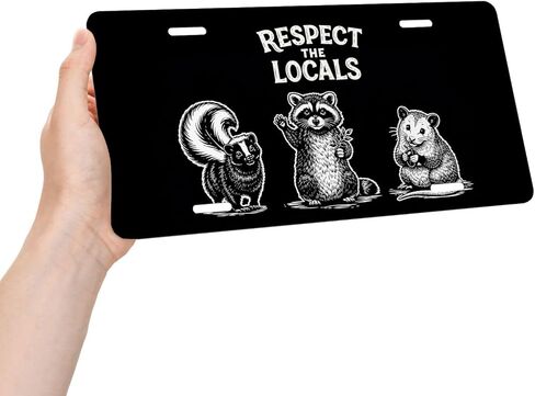 Funny Raccoon Front License Plate for Women Respect Locals Wildlife Humor Car Vanity Plates Decorative Aluminum Metal Cute Novelty License Plate Cover for Men 6x12 Inch (4 Holes) in Saudi Arabia