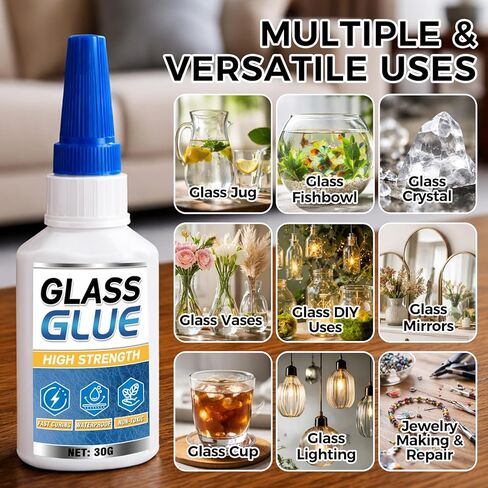 Glass Glue Clear, 30g Super Glue for Glass, Acrylic, Mirror, Jewelry, Crafts & Rhinestones Adhesive, Fast-Curing & Weatherproof in Saudi Arabia