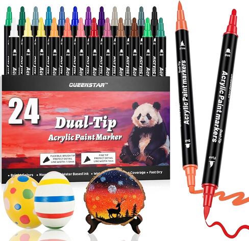 24 Colors Acrylic Paint Markers Dual Tip, Paint Pens for Rock Painting, Fabric, Glass, Wood, Canvas, Paint Markers Acrylic Markers With Fine-Dot Tip for DIY Crafts Drawing Supplies Coloring Markers in Saudi Arabia