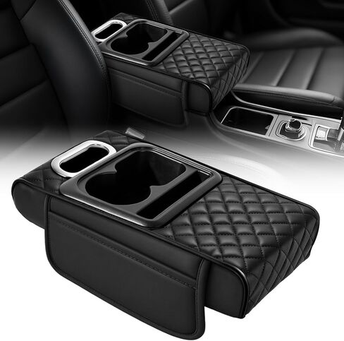 Car Armrest Cushion,5-in-1 Center Console Cover with 2 Storage Bags Cup Holder, Phone Slot for Sedans, Tissue Box Slot, Car Accessories Interior Organizers (Black) (Black-A) in Saudi Arabia