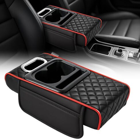 Car Armrest Cushion,5-in-1 Center Console Cover with 2 Storage Bags Cup Holder, Phone Slot for Sedans, Tissue Box Slot, Car Accessories Interior Organizers (Black) (Black-A) in Saudi Arabia