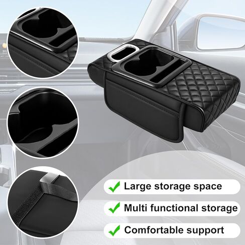 Car Armrest Cushion,5-in-1 Center Console Cover with 2 Storage Bags Cup Holder, Phone Slot for Sedans, Tissue Box Slot, Car Accessories Interior Organizers (Black) (Black-A) in Saudi Arabia